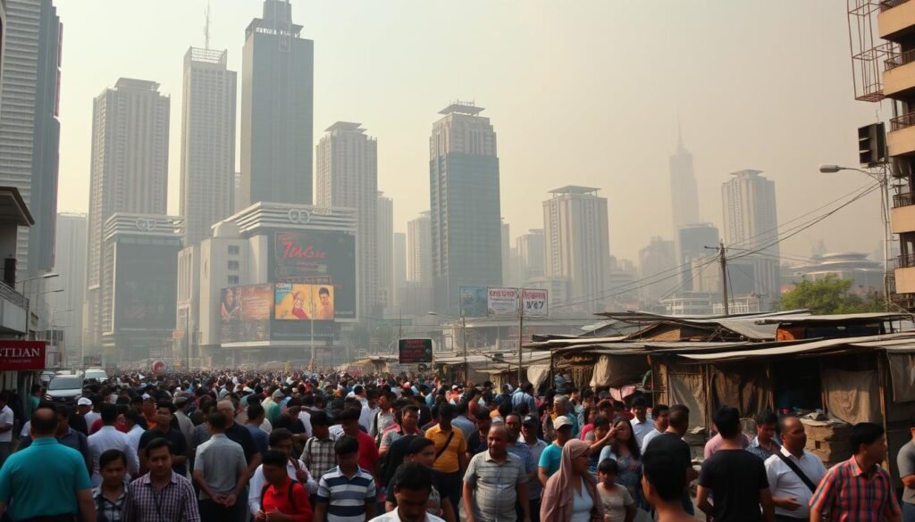 A bustling cityscape with towering skyscrapers and congested streets, highlighting the rapid urbanization and migration in the aftermath of the Lebaran holiday. In the foreground, a diverse crowd of people navigates the crowded sidewalks, some carrying belongings, suggesting the influx of new residents. The middle ground showcases the stark contrast between the affluent commercial district and the makeshift dwellings of informal settlements, hinting at the social and economic disparities. The background is shrouded in a hazy, polluted atmosphere, conveying the environmental toll of unchecked urban growth. The scene is illuminated by a warm, golden-hour lighting, creating a sense of both vibrancy and unease, reflecting the complex challenges of urbanization.