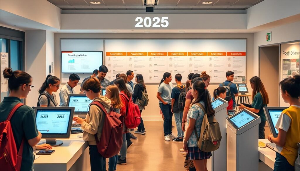 A bustling school registration office in 2025, with a modern and efficient setup. In the foreground, prospective students queue up at multiple service counters, each manned by a friendly staff member guiding them through the paperwork. The middle ground showcases sleek digital kiosks where students can independently input their information, while in the background, a large display board presents the step-by-step registration process. Soft, warm lighting illuminates the scene, creating a welcoming atmosphere. The overall composition conveys a streamlined, technology-driven registration system that prioritizes the needs of the students.