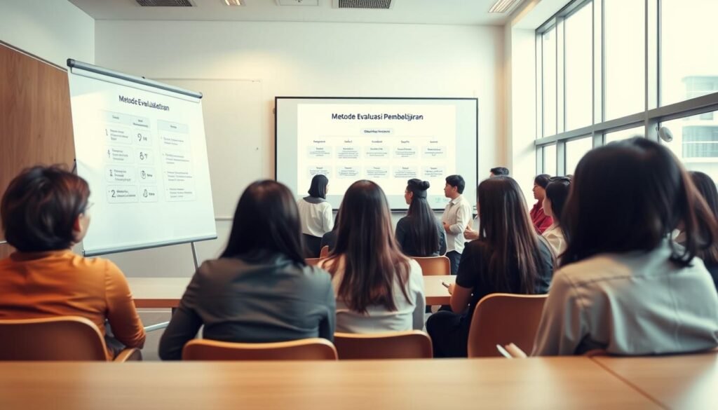 A classroom setting with a group of teachers engaged in an interactive training session on educational evaluation methods. The foreground features a large whiteboard or projector screen displaying a diagram or visual aid on "Metode Evaluasi Pembelajaran." The middle ground shows the teachers, dressed in professional attire, actively discussing and taking notes. The background depicts a well-lit, modern classroom with large windows, suggesting a comfortable and collaborative learning environment. The lighting is warm and natural, creating a sense of focus and engagement. The angle captures a dynamic, immersive scene that effectively communicates the topic of teacher training and evaluation methods.