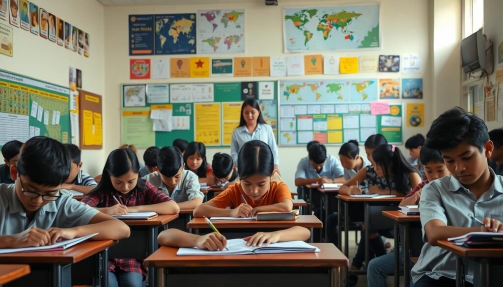 A classroom setting with students of diverse backgrounds engaged in a periodic learning evaluation session. The foreground depicts a group of students sitting at desks, pencils in hand, deep in thought as they complete their assessments. The middle ground showcases a teacher walking among the rows, observing and guiding the students. The background features an array of educational posters, maps, and learning materials adorning the walls, creating a stimulating academic environment. Soft, diffused lighting casts a warm, introspective atmosphere, emphasizing the importance of this regular evaluation process in maintaining academic excellence. The scene conveys a sense of focus, dedication, and the collective pursuit of knowledge.