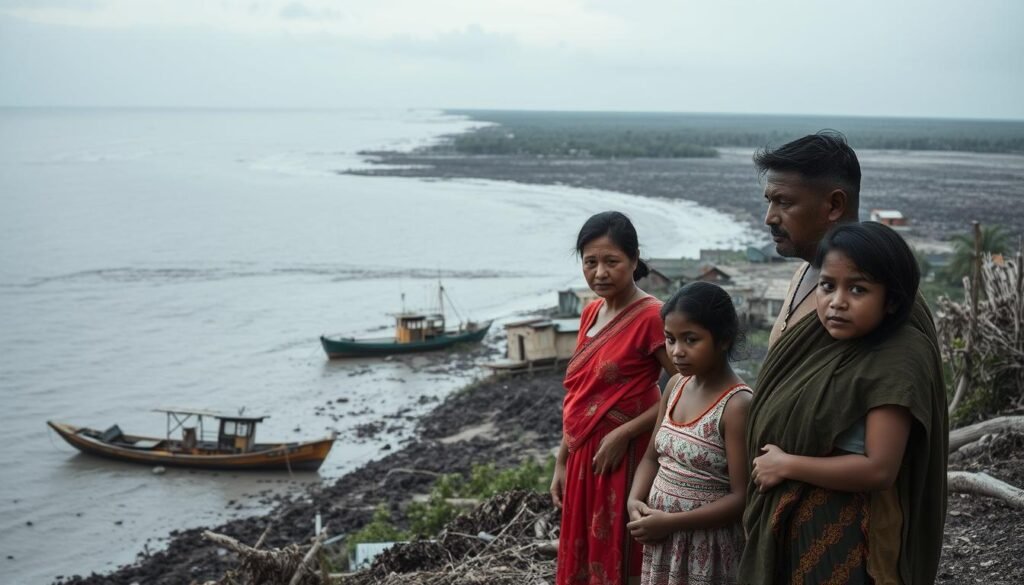 A coastal village slowly sinking into the sea, homes and livelihoods vanishing beneath the rising tides. In the foreground, a family stands helplessly, their faces etched with worry, as they survey the encroaching waters. In the middle ground, fishing boats lie abandoned, a once-thriving industry now paralyzed. The background reveals a panoramic view of the coastline, where once-lush mangroves have been replaced by a barren, muddy landscape, a testament to the environmental degradation. Soft, diffused lighting casts a melancholic tone, while a wide-angle lens captures the scale of the disaster unfolding. This image conveys the profound social, economic, and ecological consequences of coastal land subsidence, a stark visual representation of the challenges faced by vulnerable communities.