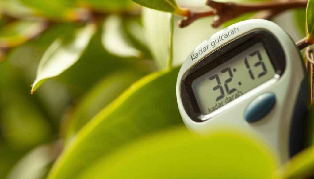 A detailed close-up of a blood glucose meter displaying a reading of "kadar gula darah", set against a blurred background of green leaves and branches, symbolizing the natural medicinal properties of bay leaves. The lighting is soft and diffused, casting a warm, soothing atmosphere. The angle is slightly elevated, giving the impression of a professional, clinical setting while maintaining a sense of natural harmony. The overall composition conveys the idea of using bay leaves as a natural remedy for managing chronic health conditions like diabetes.