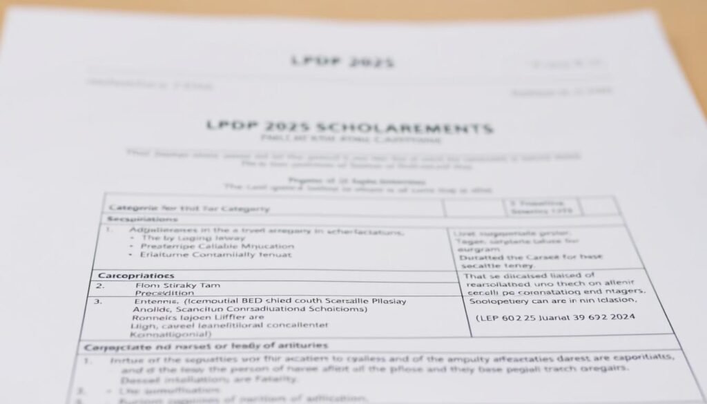 A detailed document displaying the requirements and categories for the LPDP 2025 scholarship program. The foreground features a formal, official-looking table or form, showcasing the various criteria and eligibility details. The middle ground shows a clean, professional layout with minimalist design elements like lines, boxes, and subtle textures. The background has a soft, blurred gradient in soothing tones that convey a sense of trust, authority, and academic prestige. The overall mood is one of informative clarity, institutional credibility, and educational opportunity. Captured with a high-resolution, wide-angle lens for maximum legibility and impact.