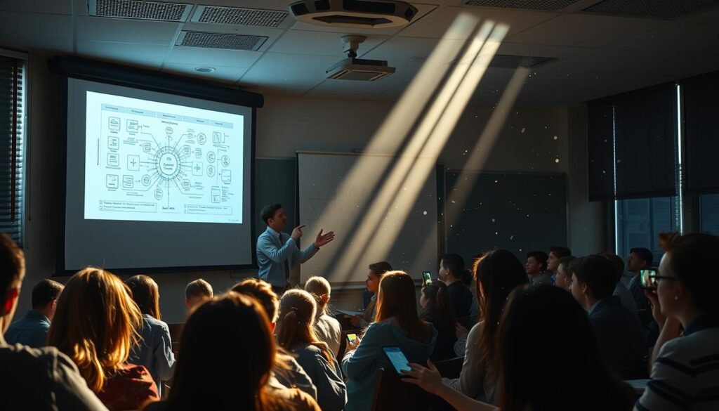 A dimly lit classroom, with a teacher standing before a projection screen, gesturing towards a complex schematic diagram. Rows of students, some engaged, others distracted by their smartphones. Dust motes dance in the air, illuminated by shafts of sunlight peeking through the blinds. The teacher's face is a study in concentration, as they navigate the challenges of integrating technology into the curriculum. The students' expressions range from curiosity to bewilderment, reflecting the ever-evolving digital landscape that teachers must navigate. A sense of both opportunity and frustration permeates the scene, as the classroom grapples with the technological demands of the modern era.
