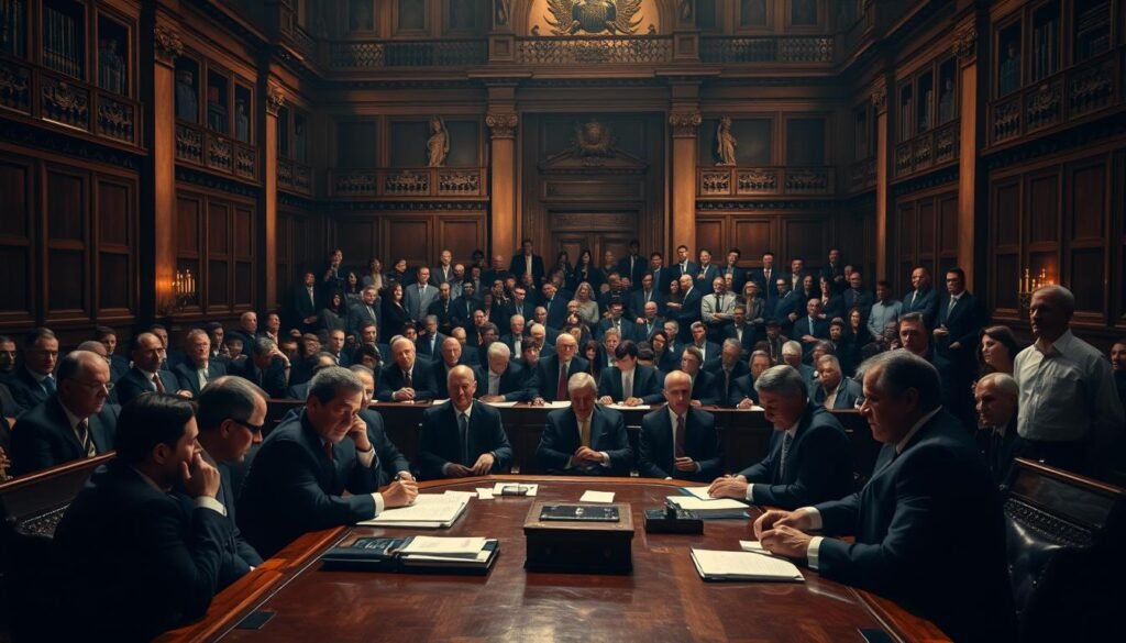 A dimly lit parliamentary chamber, the air thick with anticipation. In the foreground, a panel of lawmakers sit around a large, polished table, engaged in heated discussion. Their faces are stern, brows furrowed as they pore over documents and exchange impassioned gestures. The middle ground depicts a sea of suited figures, their expressions ranging from contemplative to concerned, as they observe the proceedings. In the background, the ornate architecture of the building looms, casting dramatic shadows that imbue the scene with a sense of gravity and importance. The lighting is warm, creating a sense of intensity and urgency, as the lawmakers grapple with the weighty decision at hand.
