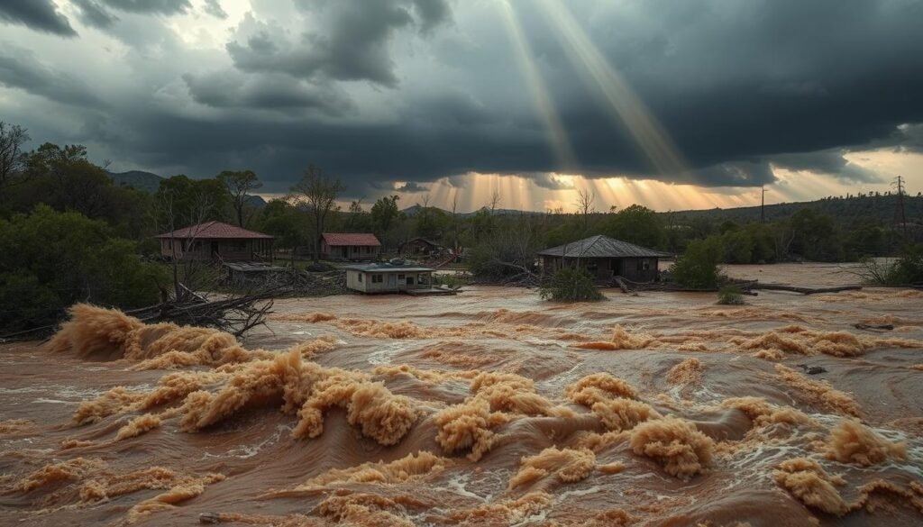 A dramatic flash flood cascading through the rugged terrain of Kerr County, Texas. In the foreground, a raging torrent of brown, churning water rushes past fallen trees and debris. The middle ground reveals partially submerged homes and buildings, their foundations crumbling under the immense force of the floodwaters. In the background, ominous storm clouds loom over the scene, casting an eerie, ominous glow. The lighting is dramatic, with shafts of sunlight piercing through the clouds and illuminating the chaotic aftermath. The scene conveys a sense of overwhelming power and destruction, capturing the devastating impact of a "banjir bandang" or sudden, deadly flood on the local community.
