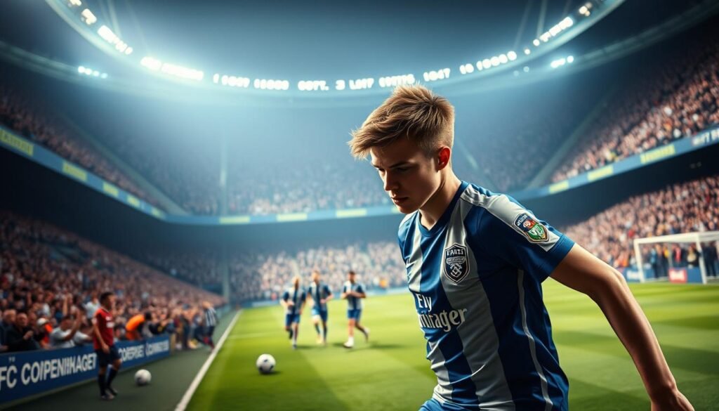A dramatic football stadium filled with energetic fans, their cheers echoing through the air. On the pitch, the players of FC Copenhagen engage in a thrilling match, their skills and teamwork on full display. In the foreground, a close-up shot captures the intense focus and determination of the team's young star, Kevin Diks, as he maneuvers the ball with precision. The lighting casts an aura of intensity, highlighting the players' athleticism and the high-stakes nature of the game. The background is a blur of activity, with the crowd and stadium details fading into the periphery, drawing the viewer's attention to the central action on the field.