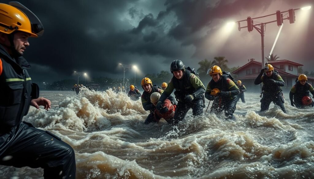 A dramatic rescue operation unfolding amid a raging flash flood. In the foreground, heroic emergency responders in protective gear work swiftly to pull stranded victims to safety, their expressions focused and determined. In the middle ground, churning floodwaters rush past, debris and debris swirling in the turbulent current. The background is dominated by a moody, stormy sky, heavy with dark clouds and the ominous rumble of thunder. Bright searchlights pierce the gloom, casting dramatic shadows and highlighting the intensity of the rescue effort. The overall scene conveys a sense of urgency, bravery, and the relentless power of nature in the face of a natural disaster.