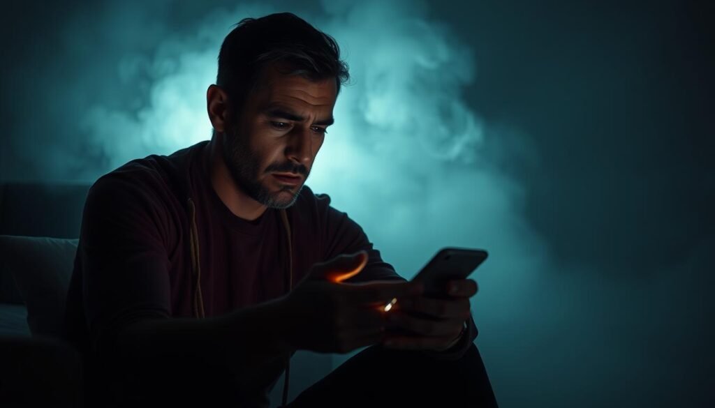 A fatigued, anxious man sits hunched in a dimly lit room, his face etched with worry. The ambient lighting casts long shadows, creating a somber, introspective atmosphere. His hands tremble as he stares at a mobile device, the glow of the screen accentuating the tension in his expression. The background is hazy, with muted colors and a sense of emotional heaviness, reflecting the mental strain experienced by the man. The composition emphasizes the isolation and psychological distress of the subject, capturing the inner turmoil and impact of the political climate on his mental well-being.