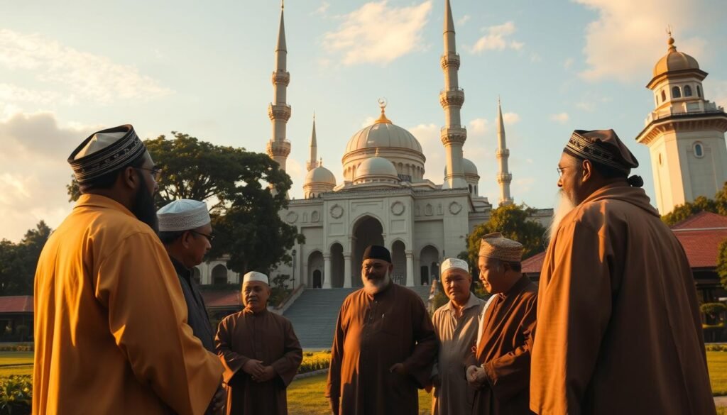 A grand mosque standing tall, its minarets piercing the sky, surrounded by lush greenery and traditional Indonesian architecture. In the foreground, a group of esteemed ulama, garbed in flowing robes, engage in deep discussion, their expressions radiating wisdom and reverence. The scene is bathed in warm, golden light, conveying a sense of historical significance and spiritual tranquility. The overall composition evokes the rich tapestry of Islamic influence that has woven itself into the fabric of Indonesia's diverse cultural heritage.