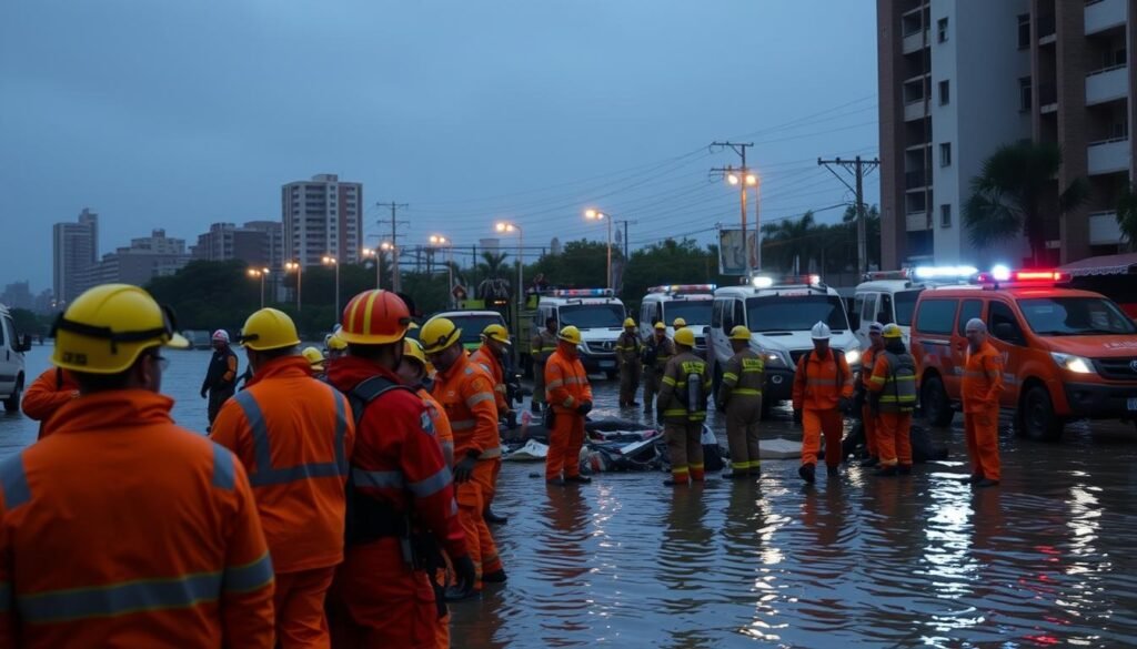 A group of emergency responders, clad in bright orange uniforms, coordinating a disaster relief operation in a flooded urban setting. The foreground features paramedics attending to victims, while in the middle ground, firefighters and civil defense personnel work to clear debris and secure the area. In the background, a row of government vehicles and rescue equipment stands ready, illuminated by the warm glow of floodlights against a dark, cloudy sky. The scene conveys a sense of organized, focused response amidst the chaos of a natural disaster, with a strong emphasis on the collaborative efforts of various agencies and personnel to protect and assist the affected community.