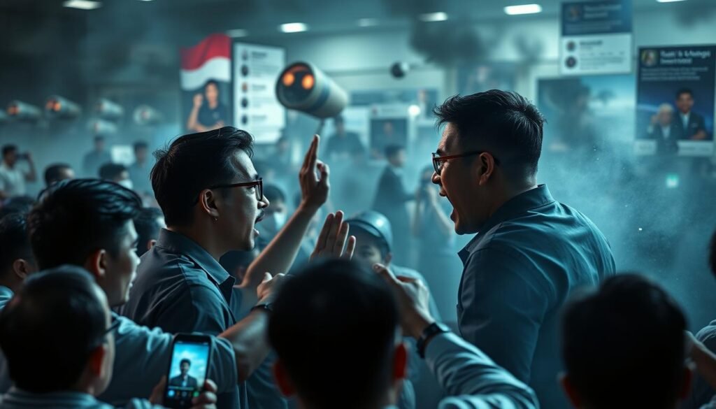 A heated social media battle unfolds, a clash of opinions surrounding the 2024 election. In the foreground, digital warriors clash, their profiles animated with passion and ideological fervor. Fractured narratives and charged rhetoric fill the middle ground, a cacophony of voices vying for attention. Against a backdrop of blurred, scrolling feeds, the atmosphere is tense, charged with the electricity of partisan conflict. Shadows of doubt and uncertainty loom, hinting at the deep-seated anxieties that drive the supporters of Prabowo. Shades of gray and blue dominate, punctuated by flashes of light, capturing the tumultuous nature of this social media battleground.