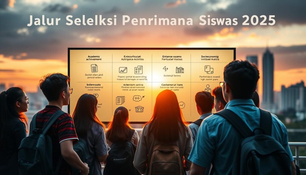 A high-contrast, dynamic image of the "Jalur Seleksi Penerimaan Siswa 2025" system. In the foreground, a group of diverse students eagerly gather around a large, illuminated display board, examining the different selection pathways. The middle ground features various icons and symbols representing the four key selection routes - academic achievement, extracurricular activities, entrance exams, and socioeconomic factors. In the background, a blurred cityscape provides a sense of context, with the warm glow of sunset casting an inspirational tone over the scene. The overall composition conveys a sense of anticipation, opportunity, and the thoughtful, multifaceted approach to student admissions for the upcoming academic year.