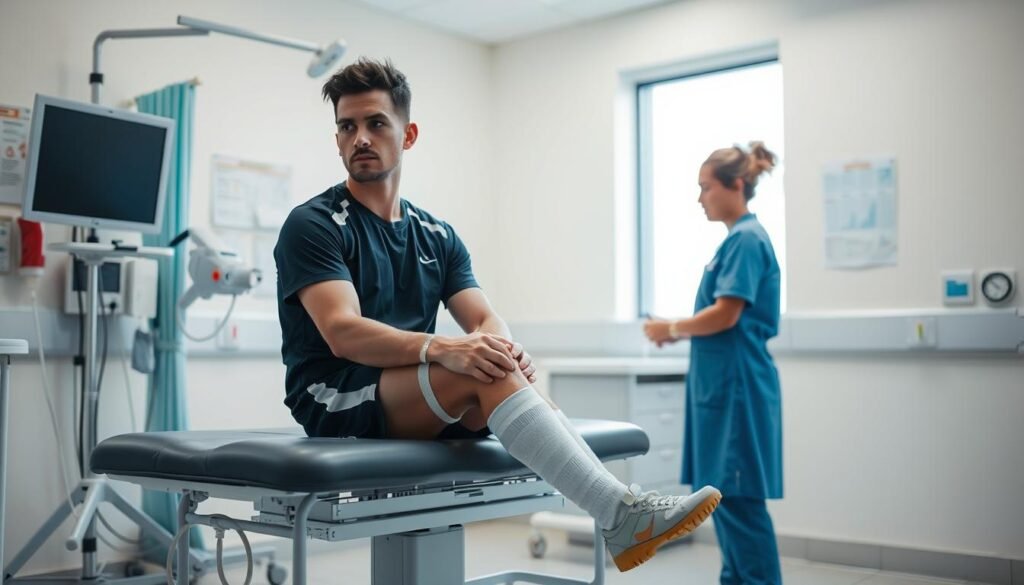 A hospital examination room in soft, natural lighting. In the center, a badminton player sits on an examination table, their leg wrapped in bandages as a physiotherapist carefully inspects the injury. The player's face is pensive, reflecting the challenges of recovery. In the background, medical equipment and charts hint at the comprehensive care being provided. Subtle details like the player's sports gear and the physiotherapist's attentive expression convey the specialized nature of this rehabilitation process. An atmosphere of quiet determination pervades the scene, capturing the athlete's journey towards regaining peak physical condition.