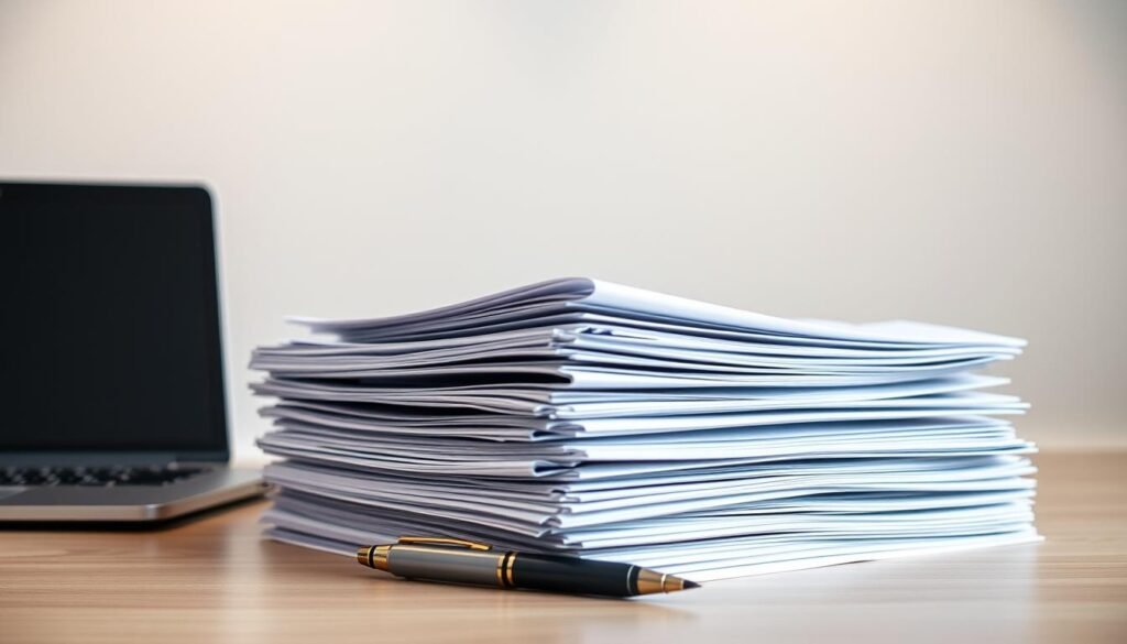 A pristine, well-organized office desk with a neatly stacked pile of documents and forms, a laptop, and a pen placed at an angle. The lighting is soft and evenly distributed, creating a professional and authoritative atmosphere. The background is a clean, minimalist workspace with neutral tones, allowing the documents to be the central focus. The image conveys a sense of order, attention to detail, and a systematic approach to the application process for the Turkiye Burslari scholarship program.