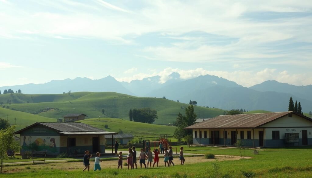 A rural school nestled amidst lush, rolling hills, its modest buildings adorned with colorful murals. In the foreground, a group of smiling children engage in lively outdoor activities, their laughter echoing across the tranquil landscape. The middle ground reveals a well-maintained schoolyard, with a simple yet functional playground structure. In the background, towering mountains rise, their peaks kissed by wispy clouds, creating a serene and picturesque setting. The lighting is soft and diffused, casting a warm, inviting glow over the entire scene. The perspective is slightly elevated, offering a panoramic view that captures the essence of a community-driven educational institution in harmony with its natural surroundings.