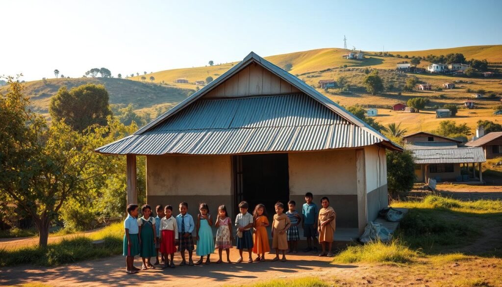 A rustic schoolhouse nestled in a lush, verdant landscape, its sun-weathered walls and tin roof reflecting the simple charm of a community-driven education system. Children in traditional attire gather around the entrance, their faces alight with curiosity and joy as they learn and play. The scene is bathed in warm, golden sunlight, casting soft shadows and highlighting the diligence and camaraderie of the students. In the background, a rolling hillside dotted with small homes and shops hints at the interconnected nature of this rural community and its investment in the future through quality public education.