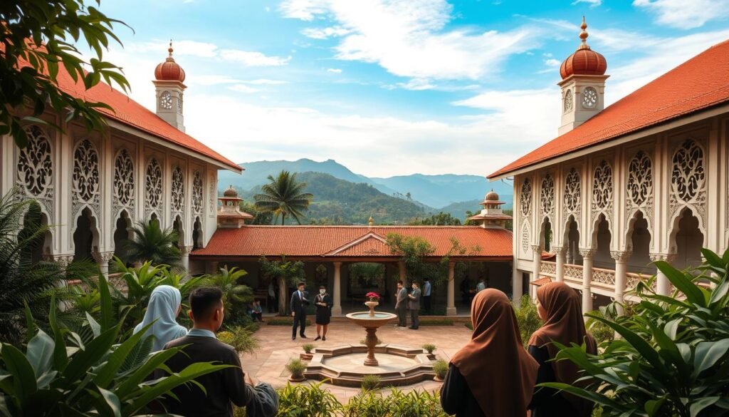 A serene Islamic school nestled amidst lush greenery, its ornate architecture blending traditional and modern elements. In the foreground, students in modest attire engaged in animated discussion, their faces exuding a sense of intellectual curiosity. The middle ground reveals a tranquil courtyard, where a calming water feature reflects the intricate patterns of the façade. The background showcases the diverse landscape of Indonesia, with distant hills and a vibrant blue sky overhead, illuminated by warm, diffused lighting that creates a welcoming atmosphere. This image aims to capture the essence of Islamic education in Indonesia, highlighting its harmonious integration with the country's natural and cultural heritage.