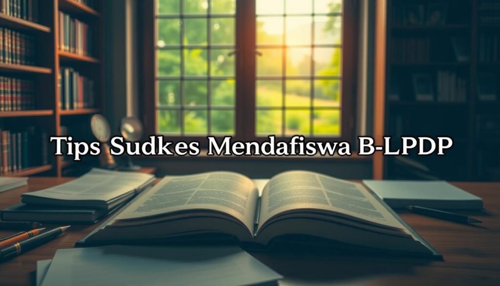 A serene and inspirational academic scene. In the foreground, an open book on a wooden desk, surrounded by stationery and a thoughtful gaze. The middle ground features a large window overlooking a lush, verdant landscape, casting warm, golden light across the scene. In the background, a bookshelf filled with tomes and academic awards, symbolizing the pursuit of knowledge and success. The overall mood is one of focus, determination, and the promise of bright opportunities, perfectly capturing the essence of "Tips Sukses Mendaftar Beasiswa LPDP".