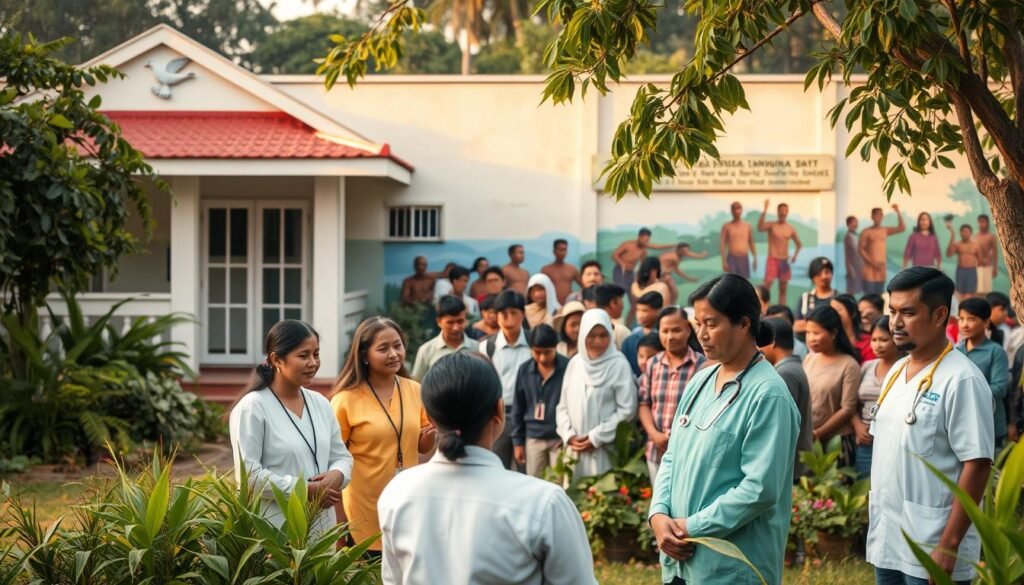 A serene healthcare facility nestled amidst lush greenery, its facade adorned with the symbol of a white dove in flight. In the foreground, a team of dedicated healthcare workers engaged in an educational session, their expressions radiating compassion as they guide individuals affected by leprosy. The middle ground showcases a diverse community gathering, people of all ages and backgrounds united in the shared goal of eliminating this disease. In the background, a mural depicting the journey of recovery and reintegration, offering hope and inspiration. Soft, warm lighting illuminates the scene, creating a calming and uplifting atmosphere. The overall composition conveys a sense of progress, unity, and the unwavering commitment to eradicating leprosy in Indonesia.