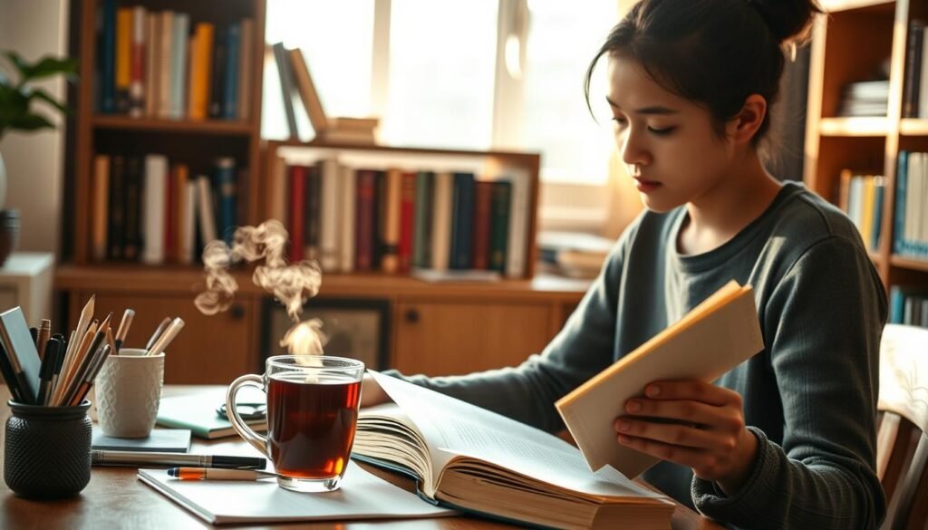 A serene study space with a wooden desk and bookshelf in the background, bathed in warm, natural lighting. In the foreground, a student intently reading from a textbook, surrounded by neatly organized stationery and a steaming cup of tea. The atmosphere exudes focus, productivity, and a sense of effective learning techniques.