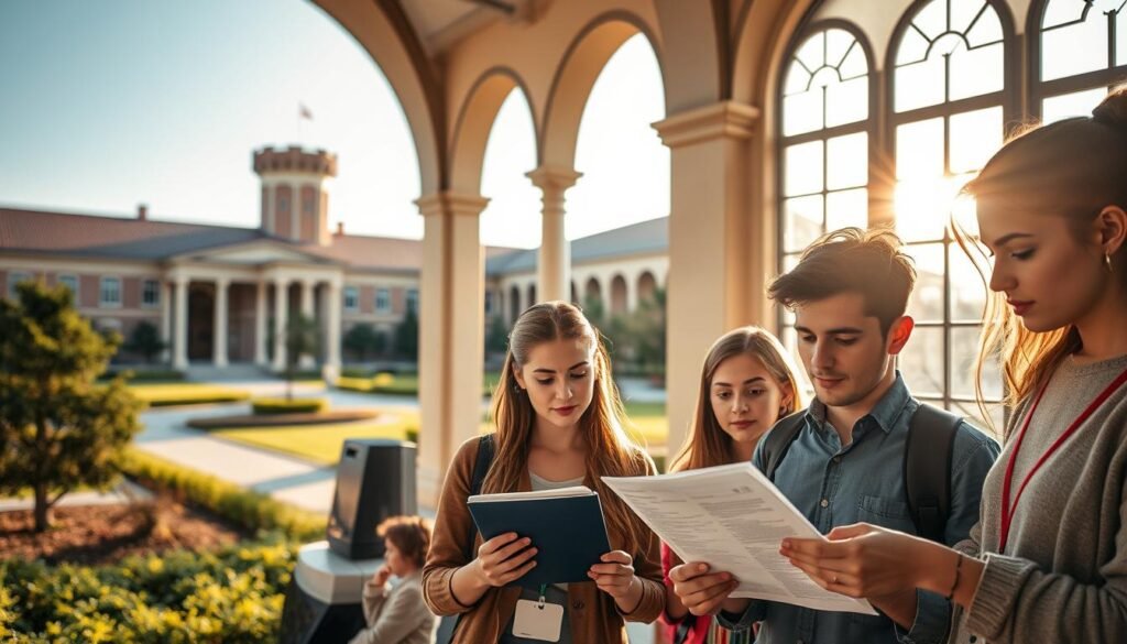 A serene university campus nestled in the heart of Turkiye, its grand archways and manicured gardens casting a warm, inviting glow. In the foreground, a group of determined students carefully navigate the registration process, their expressions focused as they review application materials and submit forms through a sleek, modern interface. Sunlight filters through expansive windows, illuminating the scene with a sense of opportunity and academic rigor. The atmosphere is one of quiet anticipation, as these young scholars embark on the journey to secure a prestigious Turkiye Burslari scholarship, their path to a transformative educational experience.