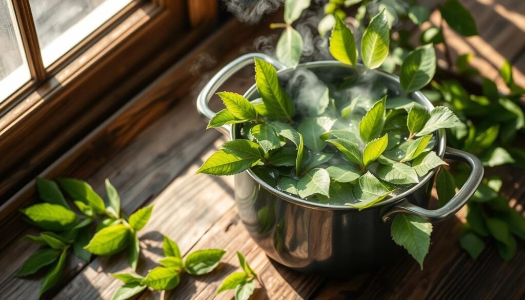 A steaming pot of water on a rustic wooden table, filled with vibrant green bay leaves, their veiny textures and delicate aromas infusing the air. Dappled sunlight filters through the window, casting a warm glow on the scene. The composition is balanced, with the pot taking center stage, surrounded by a few stray leaves scattered across the tabletop. The overall mood is one of calm and natural tranquility, inviting the viewer to imagine the soothing, therapeutic properties of this humble, yet versatile, culinary herb.