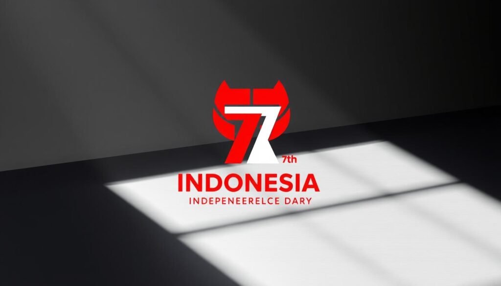 A stylized logo design showcasing the theme for Indonesia's 77th Independence Day celebration. A bold, modern representation of the national colors red and white, with abstract geometric shapes evoking a sense of unity, progress, and national pride. The design is displayed on a sleek, metallic surface, illuminated by dramatic studio lighting that casts sharp shadows, conveying a sense of strength and authority. The overall aesthetic is clean, minimalist, and visually impactful, befitting a prestigious national event.