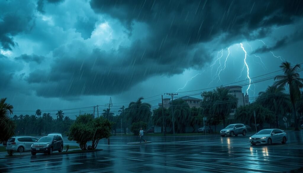 A torrential downpour sweeps across a gloomy, rain-drenched cityscape. Ominous storm clouds loom overhead, casting an eerie, bluish-gray hue over the scene. Fierce winds whip through the streets, bending trees and power lines. Puddles have formed, reflecting the chaos above. In the foreground, a flooded intersection with cars struggling to navigate the rising waters. Intense lightning bolts crackle in the distance, illuminating the turbulent conditions. The overall atmosphere is one of foreboding and extreme weather, capturing the essence of a severe rainstorm that could lead to widespread flooding.