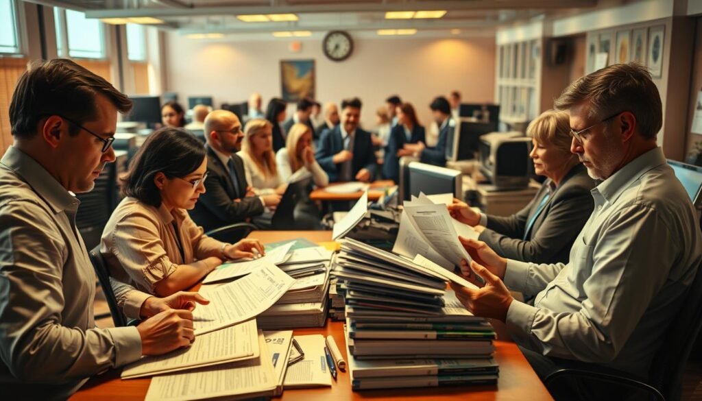 A vibrant and dynamic scene depicting the allocation of election funds. In the foreground, a team of accountants diligently poring over spreadsheets and financial documents, their expressions intense as they allocate resources. In the middle ground, a panel of election officials engaged in a lively discussion, their gestures animated as they deliberate the distribution of funds. In the background, a bustling office environment with computers, printers, and the hum of activity. Warm, diffused lighting casts a soft glow, creating an atmosphere of serious purpose and collaborative decision-making. The scene conveys the complexity and importance of the electoral process, with careful attention to the financial details that enable it.