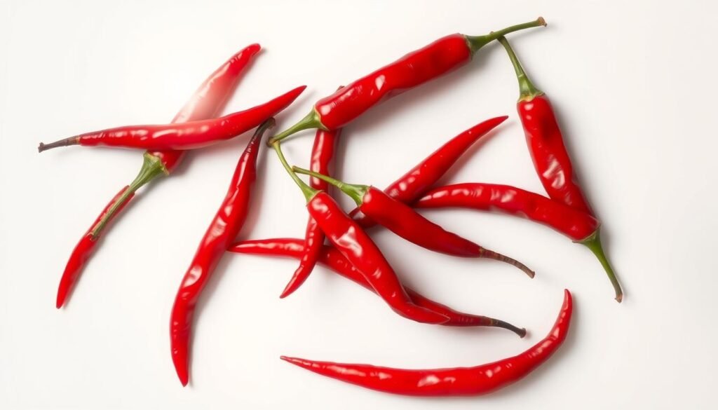 A vibrant, high-resolution photograph of a selection of fresh red chili peppers (Capsicum annuum), known as "cabai pereda nyeri dan anti kanker" (pain-relieving and anti-cancer chili peppers), shot against a clean, neutral background. The peppers are arranged in an artful, asymmetrical composition, showcasing their glossy, scarlet skins and slender, tapered shapes. Subtle studio lighting accentuates the peppers' natural sheen and casts gentle shadows, creating a sense of depth and dimension. The image evokes a sense of health, vitality and the potent, medicinal properties of these chili peppers.