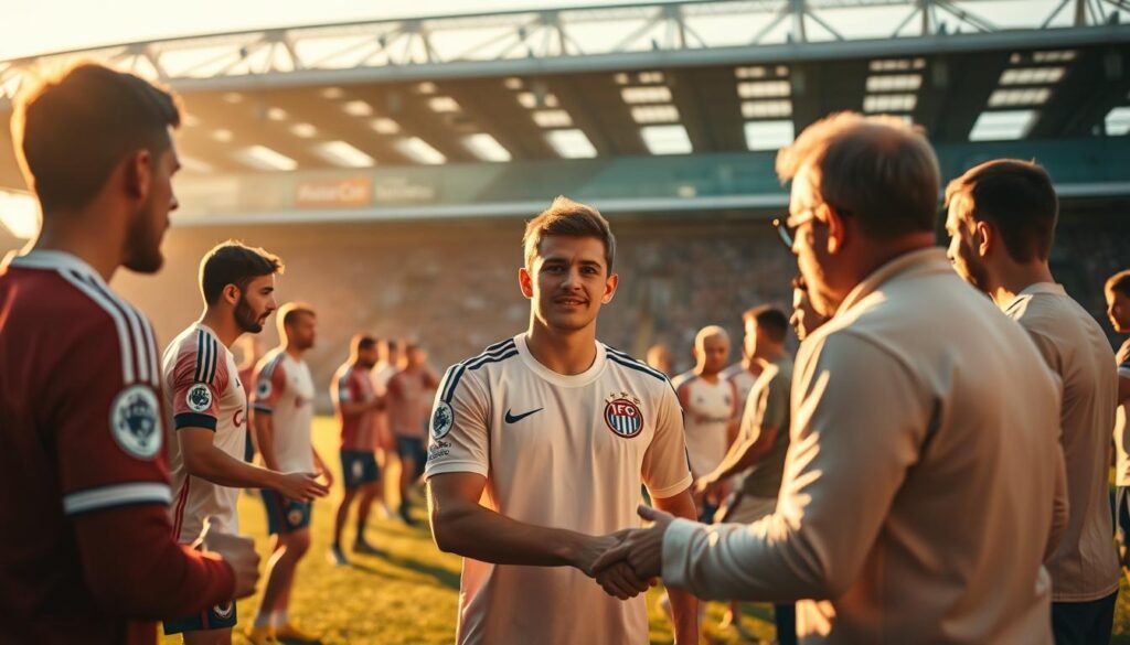 A warm and tender farewell scene of Kevin Diks, the rising young talent, bidding adieu to his time at FC Copenhagen. Diks stands in the center, his eyes brimming with gratitude and a hint of melancholy, as he shakes hands with his former teammates and coaches. The soft, golden light of the setting sun bathes the scene, imbuing it with a sense of nostalgia and emotional resonance. In the background, the iconic Copenhagen stadium stands as a silent witness to this bittersweet moment, its architecture casting dramatic shadows across the field. The overall atmosphere is one of quiet reflection, capturing the essence of Diks' departure and the memories he leaves behind.