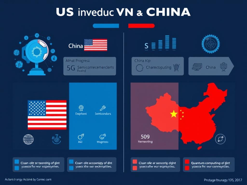 Comparison of US and China advancements in key technology sectors including AI, 5G, semiconductors, and quantum computing