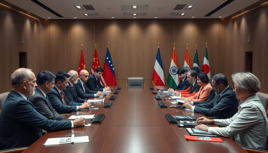 Global technology governance meeting with representatives from multiple nations