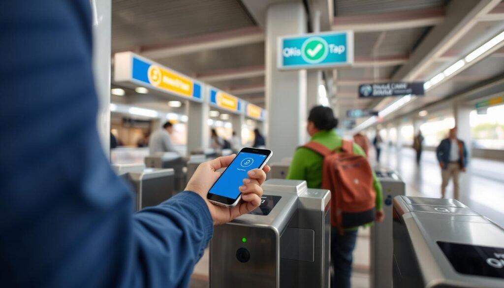 Pengguna QRIS Tap melakukan pembayaran di gerbang masuk transportasi publik Pengguna QRIS Tap melakukan pembayaran di gerbang masuk transportasi publik