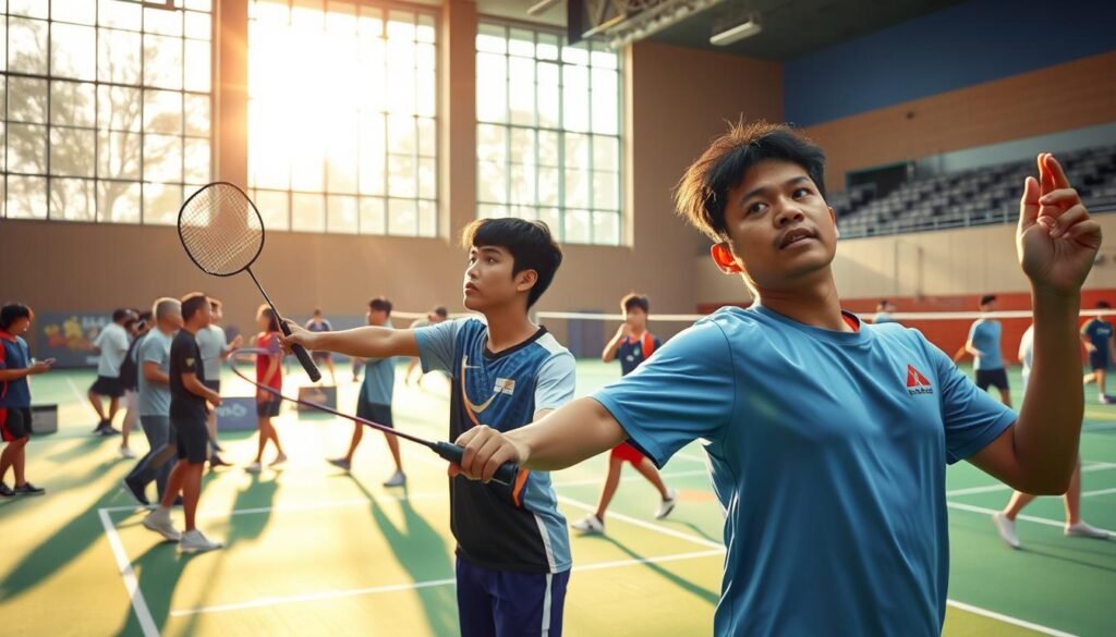 Persiapan Japan Open 2025: A vibrant scene of athletes warming up on a meticulously manicured badminton court, sunlight streaming through the large windows, casting a warm glow over the proceedings. Badminton players, including Ginting and Gregoria, stretch and practice their shots, their faces determined as they prepare for the prestigious tournament. In the background, coaches and support staff make final adjustments, ensuring every detail is optimized for the upcoming matches. The atmosphere is one of focused intensity, as the athletes draw upon their years of training and experience, ready to showcase their skills on the international stage.