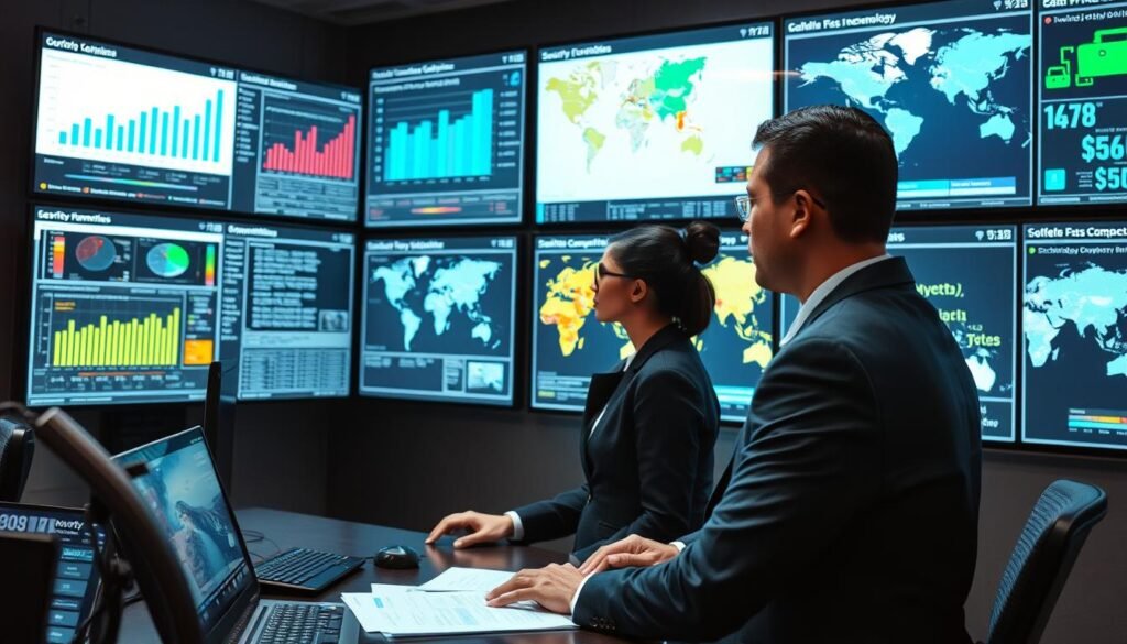 Security analysts examining global technology competition data and trends
