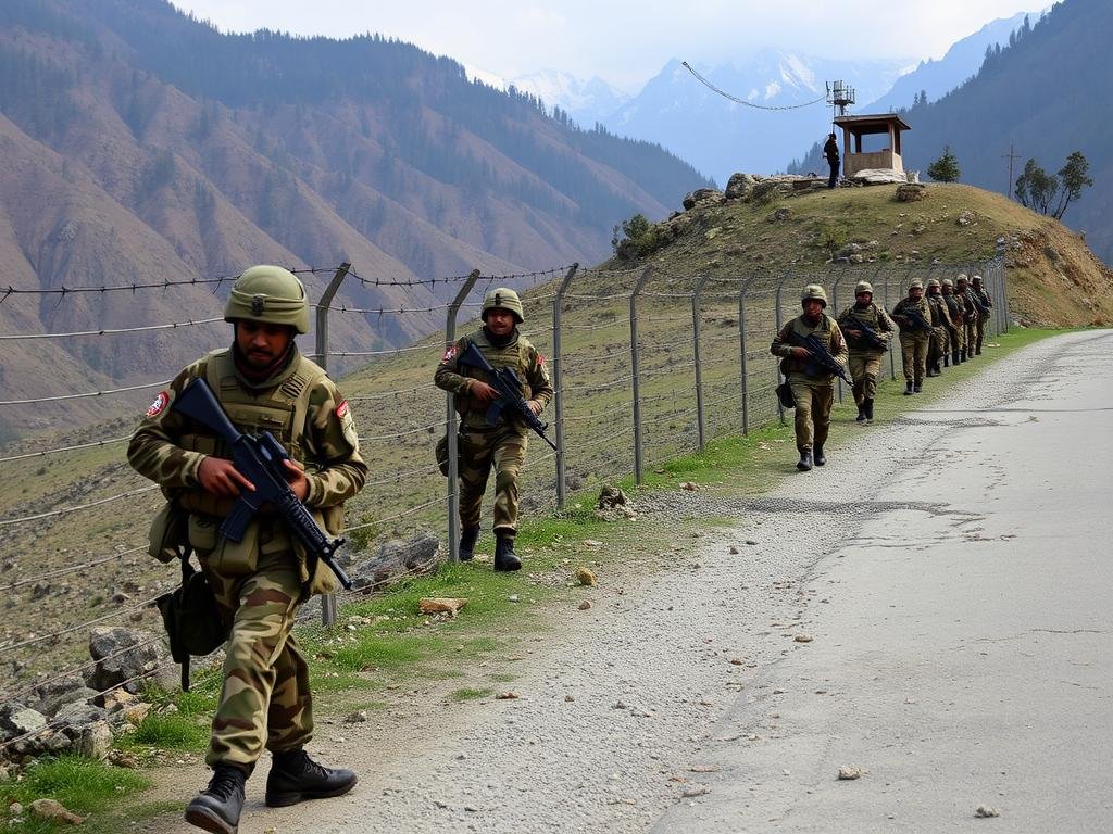 Tentara India berpatroli di sepanjang Line of Control (LOC) di Kashmir, menggambarkan situasi politik perbatasan India-Pakistan Tentara India berpatroli di sepanjang Line of Control (LOC) di Kashmir, menggambarkan situasi politik perbatasan India-Pakistan