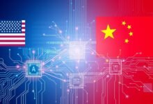 US and China technology competition visualization showing digital networks and national flags