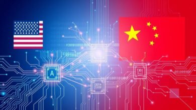US and China technology competition visualization showing digital networks and national flags