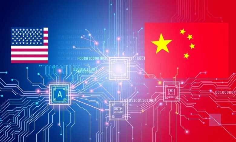 US and China technology competition visualization showing digital networks and national flags