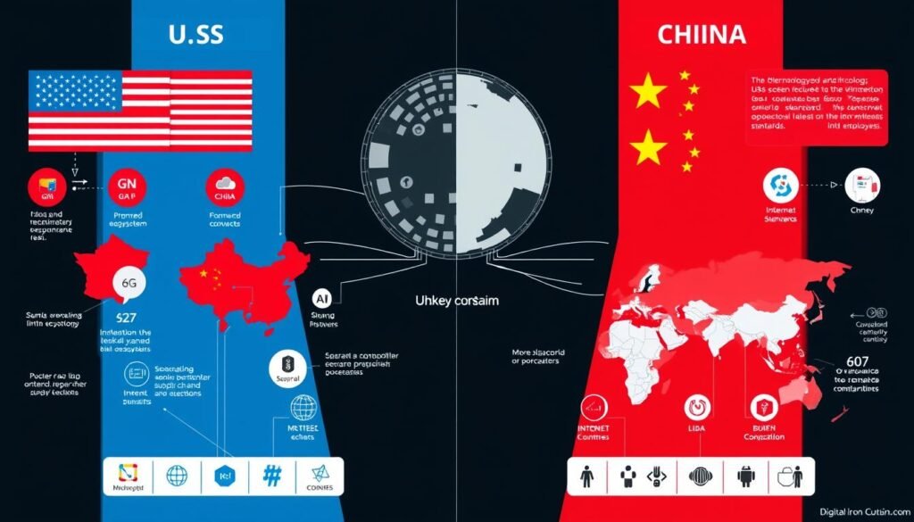 Visualization of bifurcated technology ecosystems showing separate US and China-led standards and systems