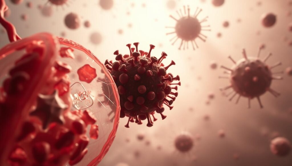a highly detailed and photorealistic digital illustration of the process of apoptosis, or programmed cell death, taking place within the human body. the foreground depicts a cross-section of a cell undergoing apoptosis, with the cytoplasm and organelles fragmenting and the nucleus condensing. the middle ground shows a collection of apoptotic bodies being engulfed by a phagocytic immune cell, such as a macrophage. the background features a hazy, muted landscape of other cells and tissues, conveying a sense of the broader biological context. the lighting is soft and diffuse, creating an atmospheric, almost melancholic mood. the composition and perspective give the image a sense of depth and clinical precision, as if viewed through a high-powered microscope. the overall tone and palette evoke the solemn, yet essential nature of cellular turnover and immune system function.