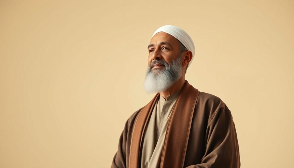 A serene, contemplative Muslim leader standing tall, radiating an aura of compassion and wisdom. Elegant robes flow gracefully, a gentle expression gracing their weathered face. Soft, diffused lighting casts a warm glow, conveying a sense of inner peace and guidance. The background is a tranquil, minimalist setting, allowing the subject to take center stage as a beacon of interfaith harmony and social justice. Crisp details capture the nuanced, dignified presence of a respected peacemaker, inspiring hope and unity.