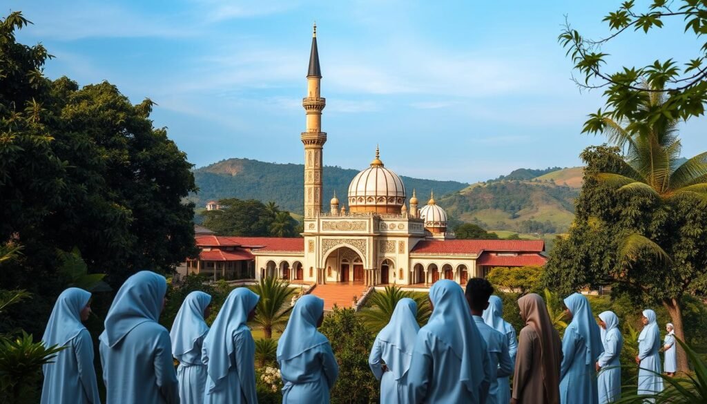 A serene pesantren (Islamic boarding school) nestled amidst lush greenery, its traditional architecture standing as a symbol of Indonesia's rich cultural heritage. In the foreground, students in white robes engage in thoughtful discussions, their faces reflecting a sense of purpose and connection to their national identity. The middle ground features a grand mosque with intricate calligraphy and ornate details, its towering minaret reaching towards the sky. In the background, rolling hills and a clear blue sky create a tranquil, contemplative atmosphere, inviting the viewer to immerse themselves in the scene. Warm, diffused lighting casts a gentle glow, emphasizing the harmony and unity between the pesantren and its natural surroundings, a testament to the role of these institutions in shaping Indonesia's national identity.