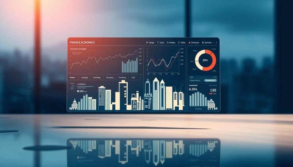 A sleek, modern data visualization dashboard hovers over a glossy, reflective surface, showcasing a dynamic cluster of financial data points. The foreground features elegant line charts, pie graphs, and interactive infographics, illuminating key insights into the world of business economics. The middle ground depicts a stylized cityscape, suggesting the urban landscape of commerce and industry. In the background, a soft, blurred gradient of blues and grays evokes a sense of analytical depth and strategic decision-making. Warm, directional lighting casts subtle shadows, creating depth and emphasizing the precision and clarity of the data presentation. The overall mood is one of informed sophistication, guiding the viewer towards a deeper understanding of the complexities of modern business finance.