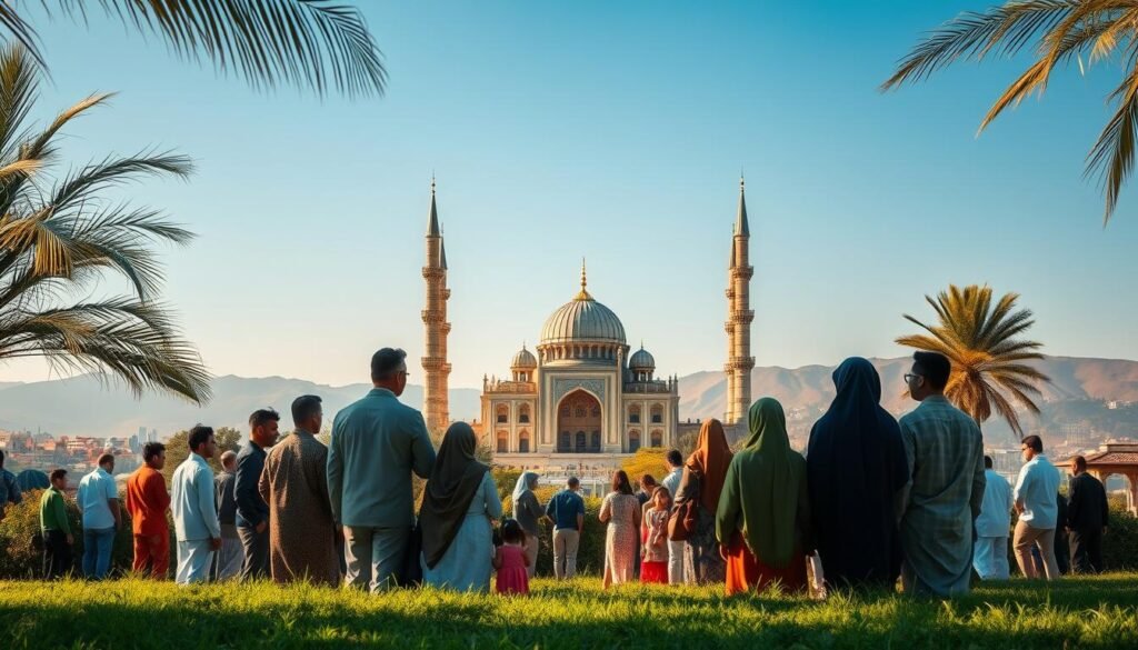 A tranquil, serene scene depicting Islam as a religion of peace. In the foreground, a group of diverse people - men, women, and children of different ages and ethnicities - are gathered peacefully, their expressions calm and welcoming. They are situated in a lush, verdant setting, with swaying palm trees and a clear blue sky overhead, bathed in warm, golden natural lighting. In the middle ground, a grand, ornate mosque stands tall, its intricate architecture and minarets symbolizing the spiritual and cultural richness of the faith. The background features a picturesque landscape, perhaps rolling hills or a distant cityscape, conveying a sense of harmony and coexistence. The overall tone is one of inclusivity, compassion, and the universal human values that Islam promotes.