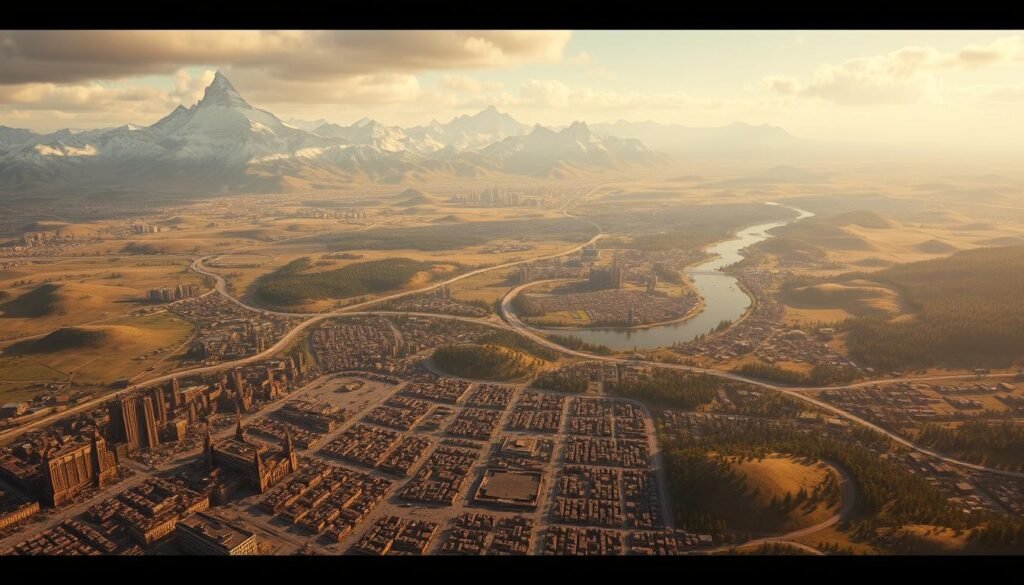 A detailed, cinematic landscape map with a vast, open-world terrain stretching into the distance. The foreground features a sprawling city with intricate architecture, bustling streets, and towering skyscrapers. The middle ground showcases rolling hills, lush forests, and winding rivers, while the background is dominated by majestic mountain ranges, their peaks adorned with snow. The scene is bathed in warm, golden lighting, creating a sense of depth and atmosphere. The overall composition emphasizes the grand scale and expansive nature of the game world, inviting the viewer to imagine the possibilities for exploration and adventure. A detailed, cinematic landscape map with a vast, open-world terrain stretching into the distance. The foreground features a sprawling city with intricate architecture, bustling streets, and towering skyscrapers. The middle ground showcases rolling hills, lush forests, and winding rivers, while the background is dominated by majestic mountain ranges, their peaks adorned with snow. The scene is bathed in warm, golden lighting, creating a sense of depth and atmosphere. The overall composition emphasizes the grand scale and expansive nature of the game world, inviting the viewer to imagine the possibilities for exploration and adventure.