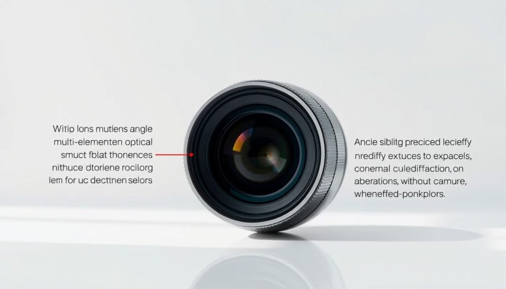 A detailed, high-quality image of an ultra-wide angle lens for a smartphone camera, captured in natural lighting with a clean, minimal background. The lens should be prominently displayed, showcasing its distinct curved design and wide field of view. Emphasize the technical aspects, such as the multi-element optical structure and the advanced lens coatings that help reduce distortion and aberrations. The overall mood should be one of precision, clarity, and the camera's ability to capture expansive, natural-looking scenes without unwanted distortions or warping. A detailed, high-quality image of an ultra-wide angle lens for a smartphone camera, captured in natural lighting with a clean, minimal background. The lens should be prominently displayed, showcasing its distinct curved design and wide field of view. Emphasize the technical aspects, such as the multi-element optical structure and the advanced lens coatings that help reduce distortion and aberrations. The overall mood should be one of precision, clarity, and the camera's ability to capture expansive, natural-looking scenes without unwanted distortions or warping.