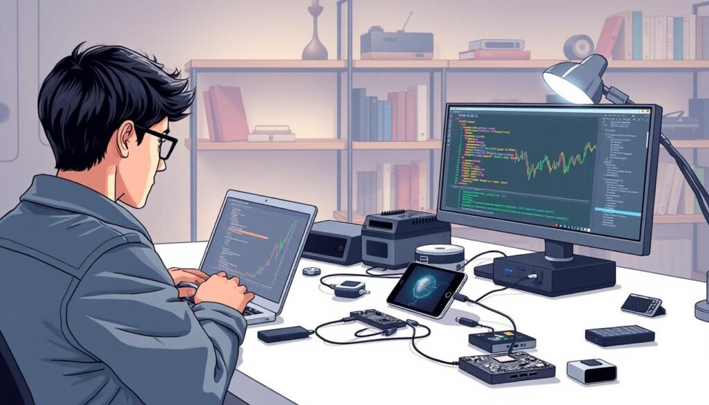 A detailed illustration depicting a troubleshooting scene for iOS jailbreak solutions, showcasing a modern workspace. In the foreground, a person dressed in casual yet professional attire is focused on a laptop displaying jailbreak software, with colorful code and graphs visible on the screen. The middle ground features various tools and devices related to jailbreak processes, set on a clean desk, surrounded by circuit boards and a smartphone being connected for the jailbreak. In the background, soft, ambient lighting creates a tech-savvy atmosphere, with shelves displaying tech books and gadgets. The overall mood is one of concentration and problem-solving, emphasizing the theme of finding solutions to common jailbreak issues. A detailed illustration depicting a troubleshooting scene for iOS jailbreak solutions, showcasing a modern workspace. In the foreground, a person dressed in casual yet professional attire is focused on a laptop displaying jailbreak software, with colorful code and graphs visible on the screen. The middle ground features various tools and devices related to jailbreak processes, set on a clean desk, surrounded by circuit boards and a smartphone being connected for the jailbreak. In the background, soft, ambient lighting creates a tech-savvy atmosphere, with shelves displaying tech books and gadgets. The overall mood is one of concentration and problem-solving, emphasizing the theme of finding solutions to common jailbreak issues.